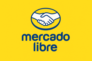Create a clean, realistic vector-style logo of “Mercado Libre,” showing its signature yellow background and the handshake icon in blue. It must look professional, clear, and authentic — identical in concept to the real Mercado Libre branding.