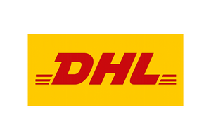 Create a realistic, clean vector-style logo of “DHL,” using the official red letters on a yellow background. The design must look fast, dynamic, and authentic, with the same proportions and professional style as the real DHL logo. Avoid any AI or fictional variation — it must resemble the real DHL branding.